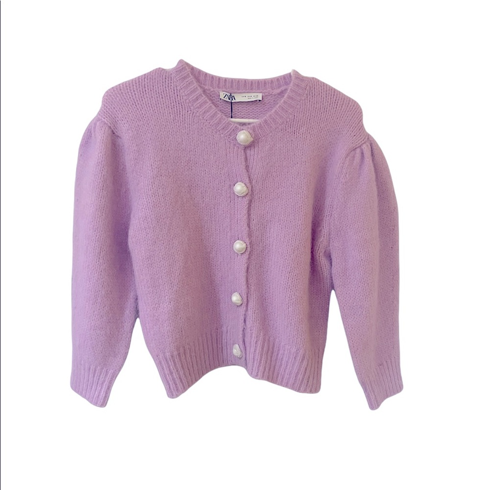 Zara Lavender Puff-Sleeve Pearl Button Cardigan